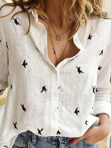 Birds Printed Long Sleeve Loose Women Shirt 
