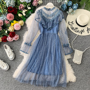 Young Gee 2021 Autumn Winter Vintage Lace Floral Midi Dress Elegant Women Party Long Sleeve Pearls