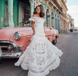 Women's Long Dress White Lace Long Dress Word Collar Lotus Leaf Long Section Hollow Summer Retro