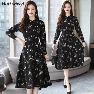 Autumn Winter Black Vintage Floral Chiffon Midi Dress Plus Size Boho Dresses 2021 Elegant Women