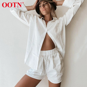OOTN Cotton Casual Suits Women Long Sleeve Sets Blue Home Wear Solid Tops Female White Shorts Two