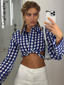 Casual Blue Plaid Long Sleeve Blouses 