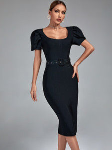 Midi Bandage Black Bodycon Dress .