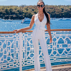  V Neck Backless Halter White Bandage Jumpsuit 