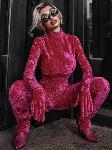  Long Sleeve Turtleneck Hot Pink Bodycon Velvet Jumpsuit 