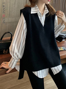 Korean Style 2 Piece For Women Stripe Lapel Long Sleeve Loose Casual Shirt 