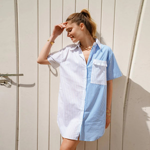 White And Blue Striped Patchwork Casual Shirt Dress 