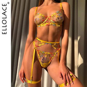  Lingerie Sensual Lace Underwear Transparent Embroidery 3-Piece 