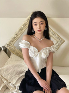 Kawaii White Blouse Women Sweet Ruffles Puff Sleeve Crop Tops 