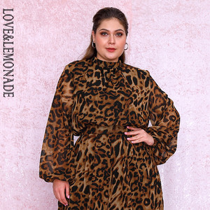 Plus Size Stand Lantern Sleeve Leopard Chiffon Blouse 