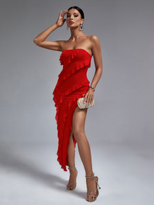 Maxi Long Party Women Ruffle Red Bodycon Dress 