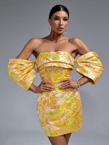Jacquard Party Women Off Shoulder Yellow Bodycon Dress