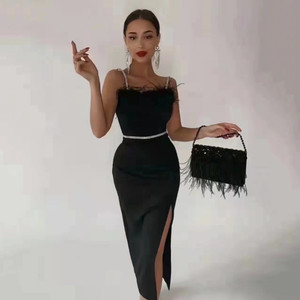 Women Black Feathers Elegant Clothing Celebrity Party Club Bodycon Midi Dresses