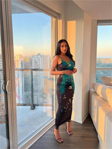  Halter Neck Tie Binding Water Drop Print Maxi Dress 