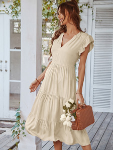  Women V Neck Flying Sleeve Solid Leisure Vacation Medium Long Dress
