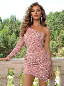 One Shoulder Sequin Wrap Bodycon Dress