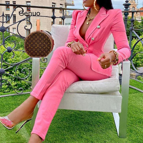 Pink Long Sleeves Double Breasted Suit Blazer and Pants Two Piece Sets Deep V-Neck Women Sexy