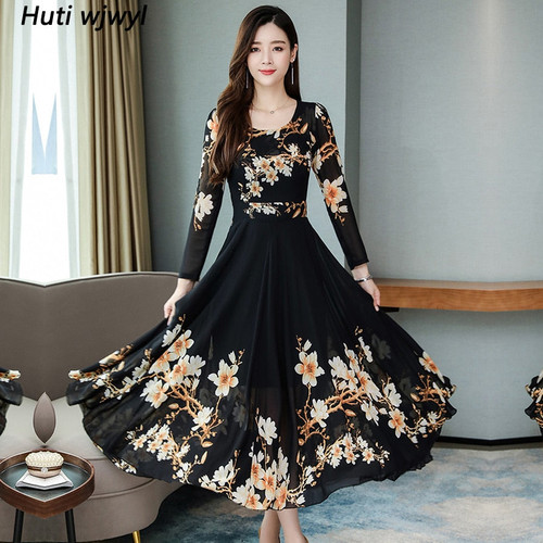 2021 Vintage Long Sleeve Maxi Dresses Autumn Winter 3XL Plus Size Floral Chiffon Midi Dress Elegant