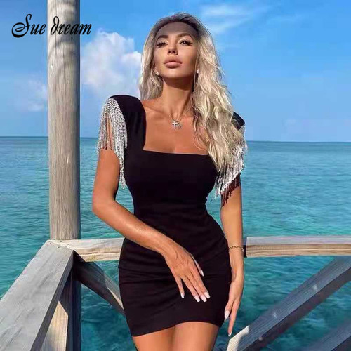 Tassel Diamond Crystal Black Bodycon Bandage Dress