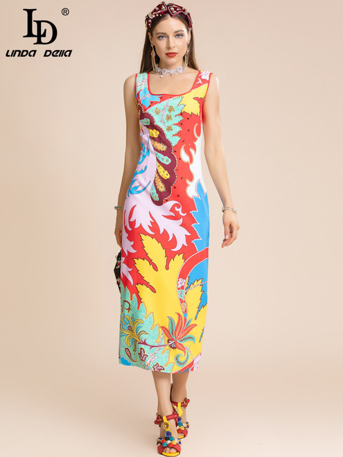 Square collar Luxury Crystal Beading Vintage Printed Slim Vacation Midi Dress