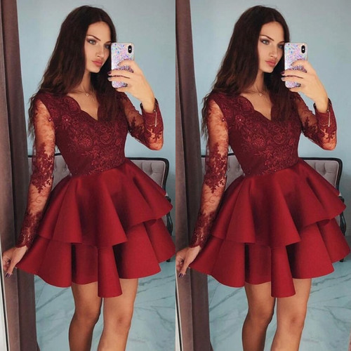 Burgundy Long Sleeve V-Neck Homecoming Dress