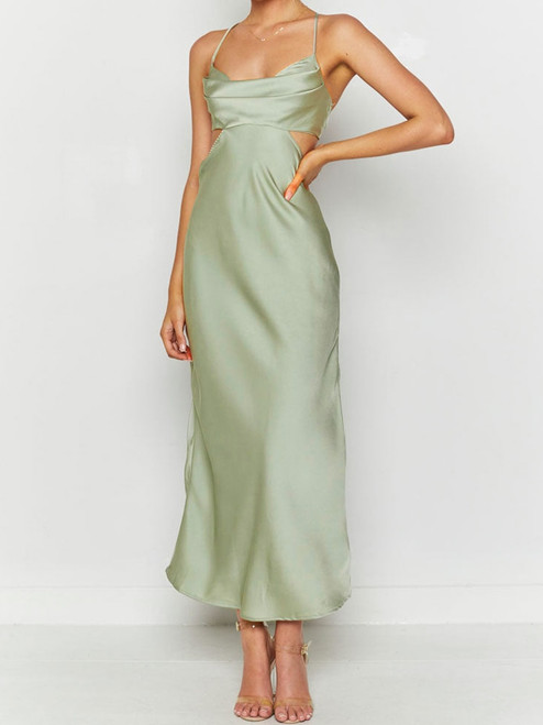Long Satin Dress Pleated Cut Out Backless Sleeveless Resort Party Women's Dress