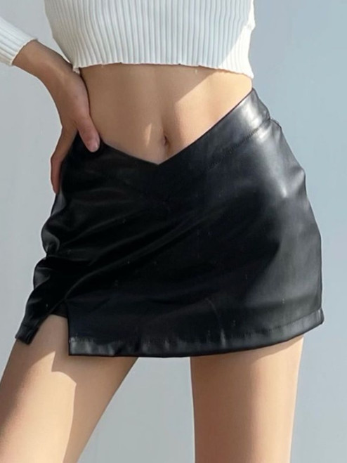 Vintage Mini Skirt Split Faux Leather High Waist 
