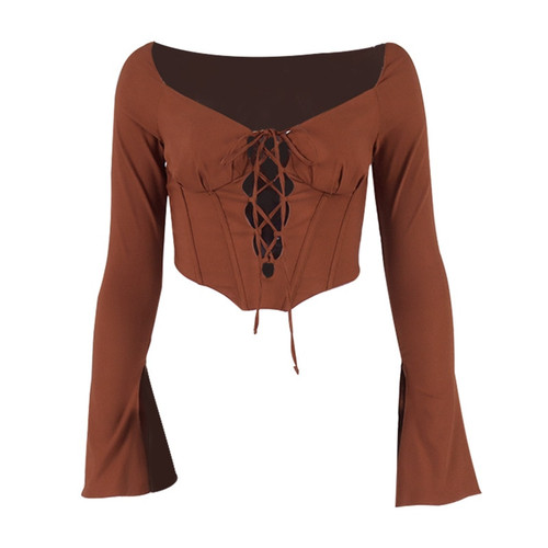 Brown Long Sleeve Lace Up Cropped Top 