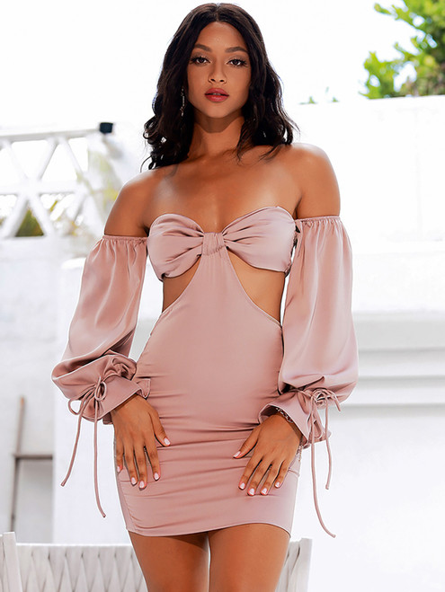  Nude Tube Top Lantern Long Sleeve Waist Cut Out Slim Satin Mini Dress 