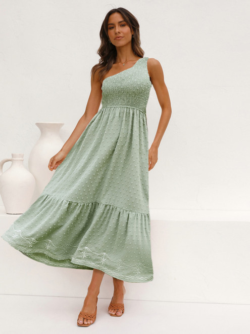  Casual Elegant One Shoulder Tunic Sleeveless Green Long Dresses