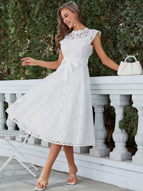 Elegant Round Neck Summer Casual Holiday Hollow Out Long Bow Belt A-Line Dresses