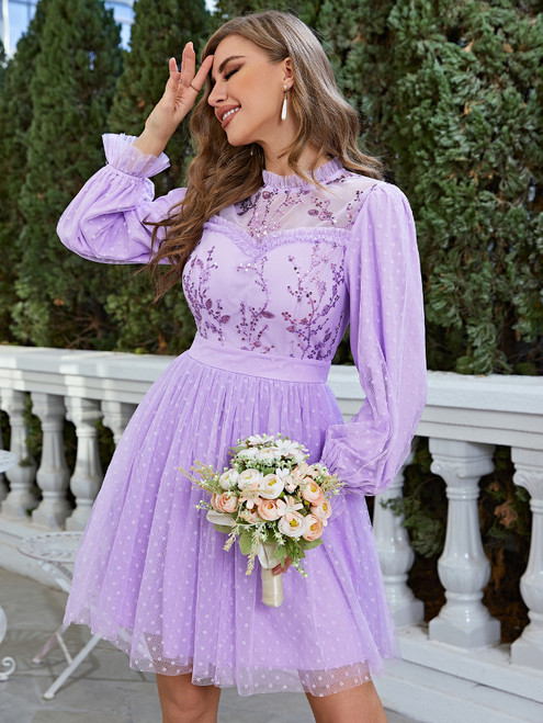 Simplee Mesh Polka Dot Spring Tulle Party Sequin Flowers Purple Ruffle Lantern Sleeve Dresses
