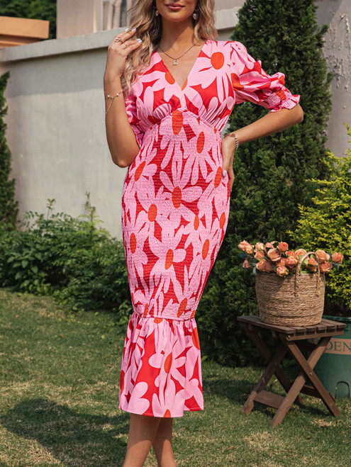 Floral V-Neck Ruffle Print Summer Beach Belt Vestido Square Collar Elastic Dresses