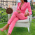 Pink Long Sleeves Double Breasted Suit Blazer and Pants Two Piece Sets Deep V-Neck Women Sexy